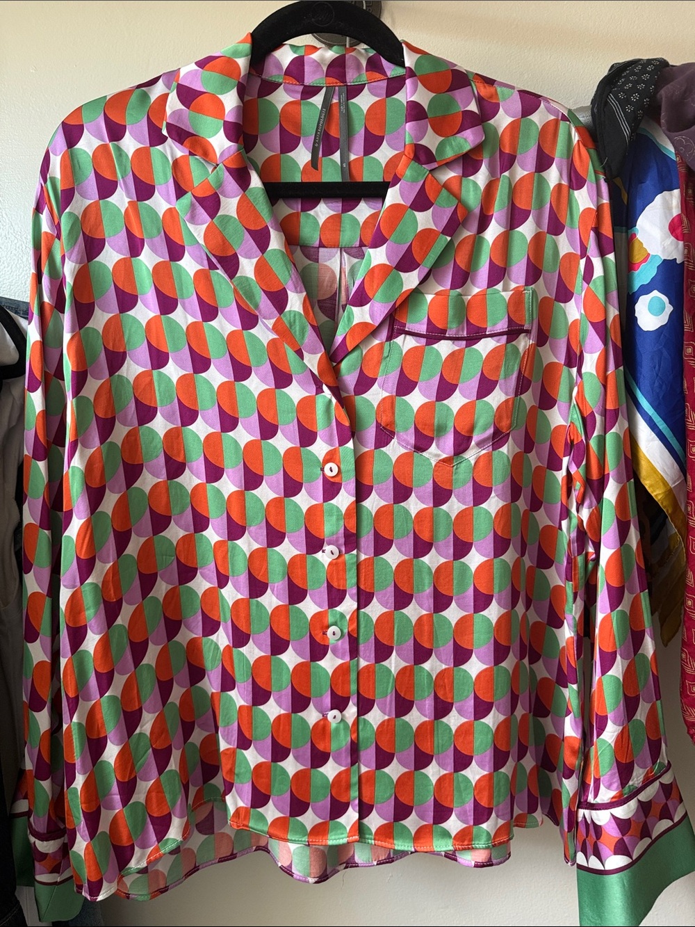 Anthropologie Retro Geometric Silk-Feel Button-Down in Pink, Green & Orange